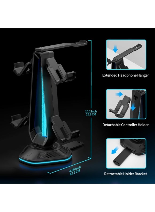 epicarma حامل سماعات RGB مع 9 تأثيرات ضوئية و 2 منفذ شحن USB - حامل وحدة التحكم للمكتب - حامل سماعات رأس و خطاف وحدة تحكم قابل للفصل لإعداد غرفة الألعاب على الكمبيوتر - Image 3